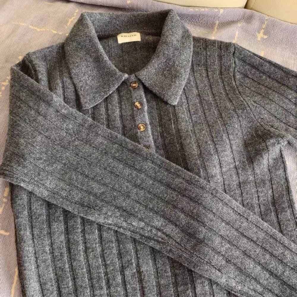 Khaite Gray Ribbed Polo Sweater - Timeless Elegance